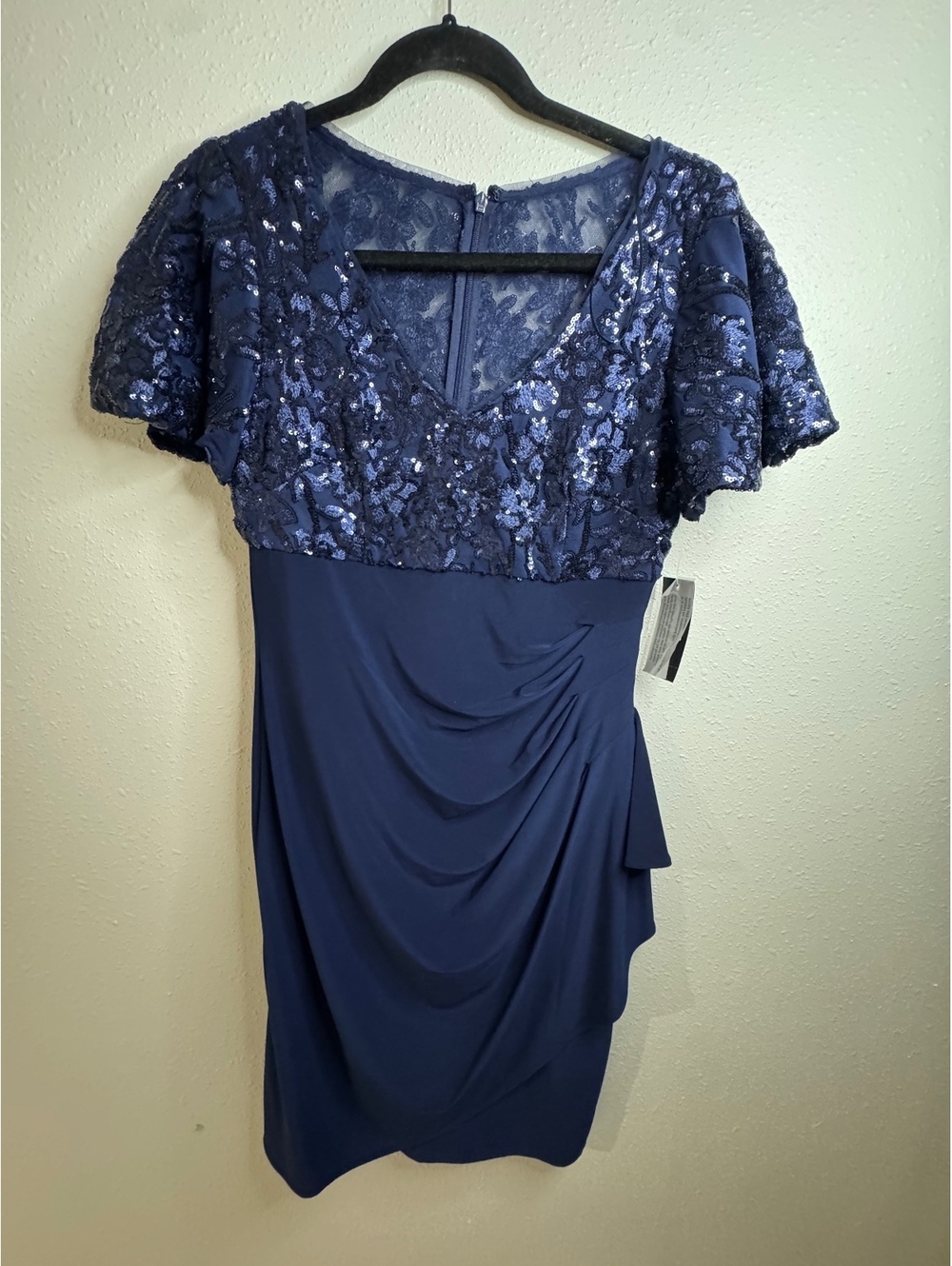 Alex Evenings Navy Sequin Lace Ruched Cocktail Dress Petite 8P